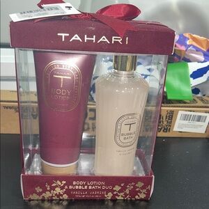 Tahari Vanilla Jasmine Body Lotion & Bubble Bath Set - Burgundy and Cream
